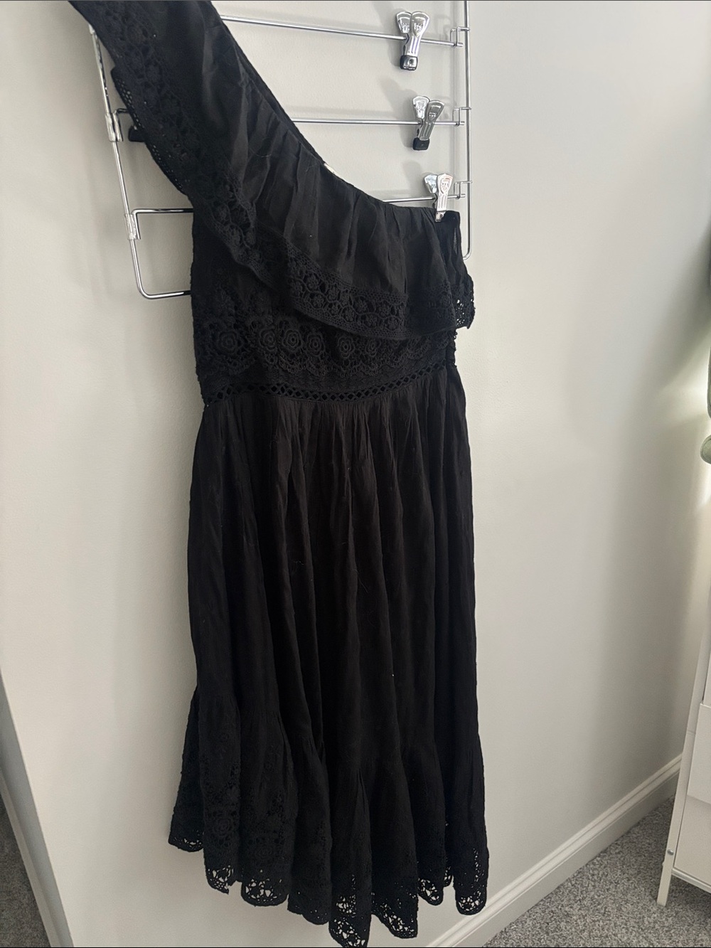 LoveShackFancy Black One-Shoulder Crochet-Trim Midi Dress
